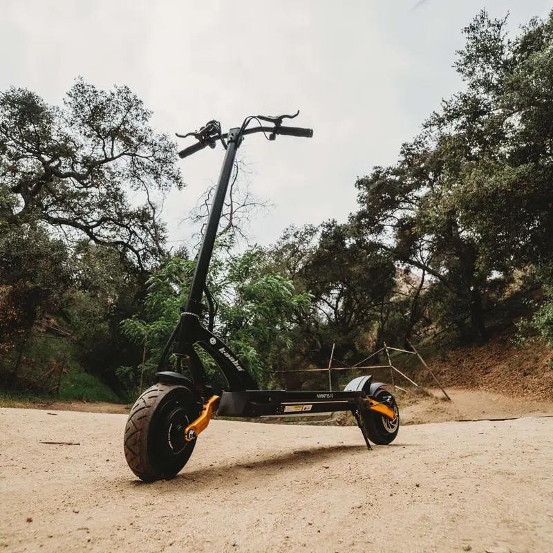Electric scooter positioned on a wooded concrete path.